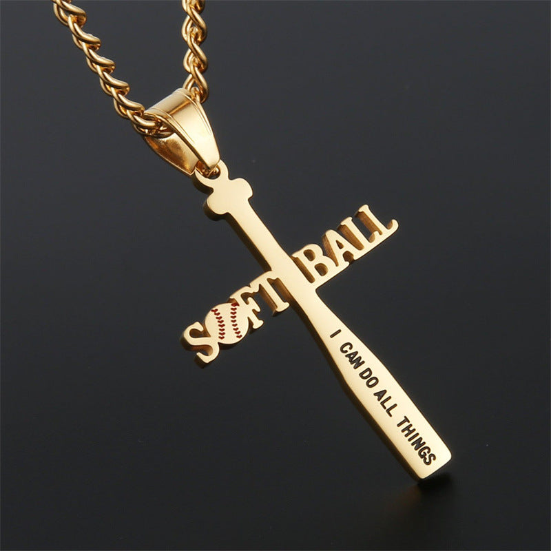 Gempoetry | Baseball cross pendant, men's and women's accessories, side chain, stainless steel hollow necklace