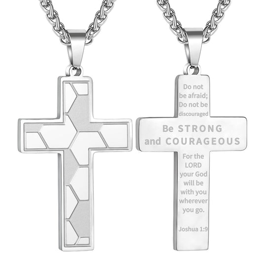 Gempoetry | Men's Stainless Steel Cross Engraved Necklace Bible Pendant First Communion Baptism Faith Movement