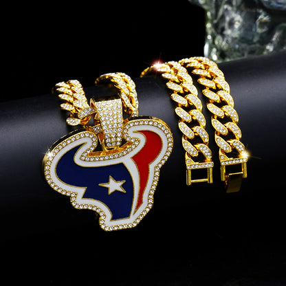 Gempoetry | NFL Houston Texans fashion red and blue oil dripping NFL football team pendant necklace men's hip-hop versatile full diamond Cuban chain