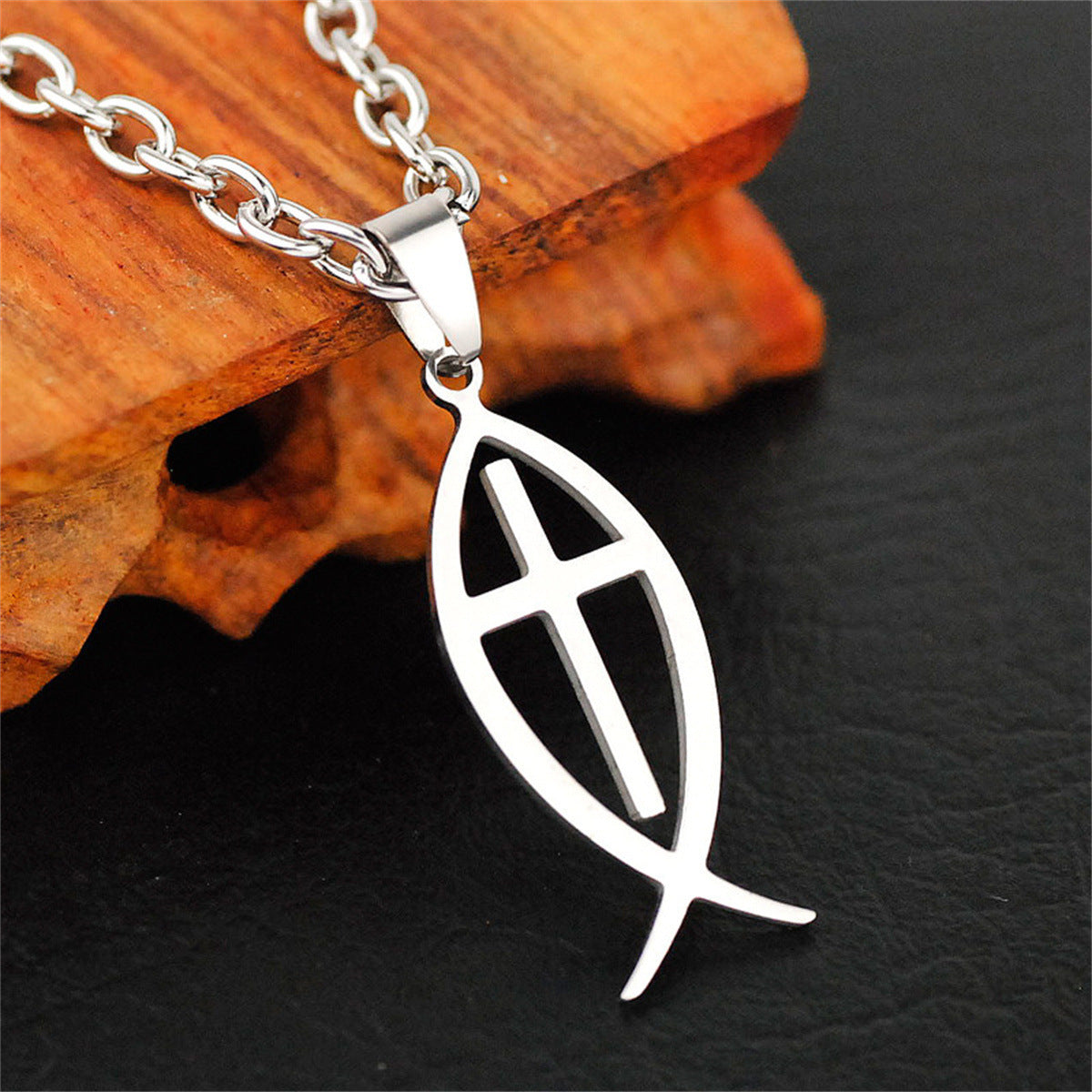 Gempoetry | Stainless steel single-sided polished fish shaped pendant necklace, cross fish shaped pendant, hot selling in stock