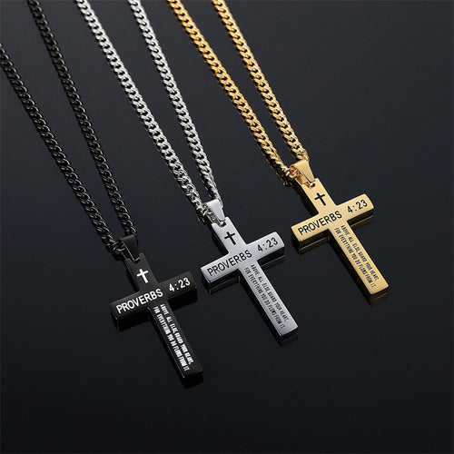 Gempoetry | Cross necklace stainless steel black/steel melon seed buckle engraved necklace