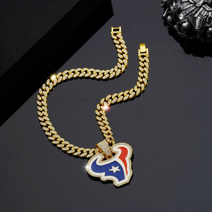 Gempoetry | NFL Houston Texans fashion red and blue oil dripping NFL football team pendant necklace men's hip-hop versatile full diamond Cuban chain