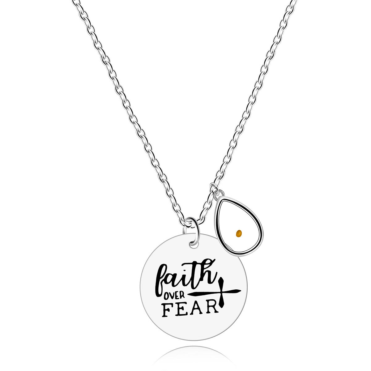 Gempoetry | Stainless steel faith overcomes fear, cross necklace, mustard seed charm pendant necklace