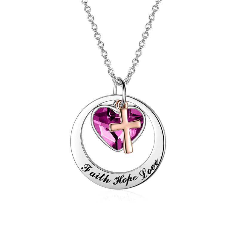 Gempoetry | Heart shaped crystal "Faith Hope Love" stainless steel cross pendant necklace