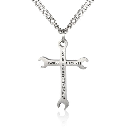 Gempoetry | Stainless steel wrench cross necklace I CAN DO ALL THINS pendant necklace