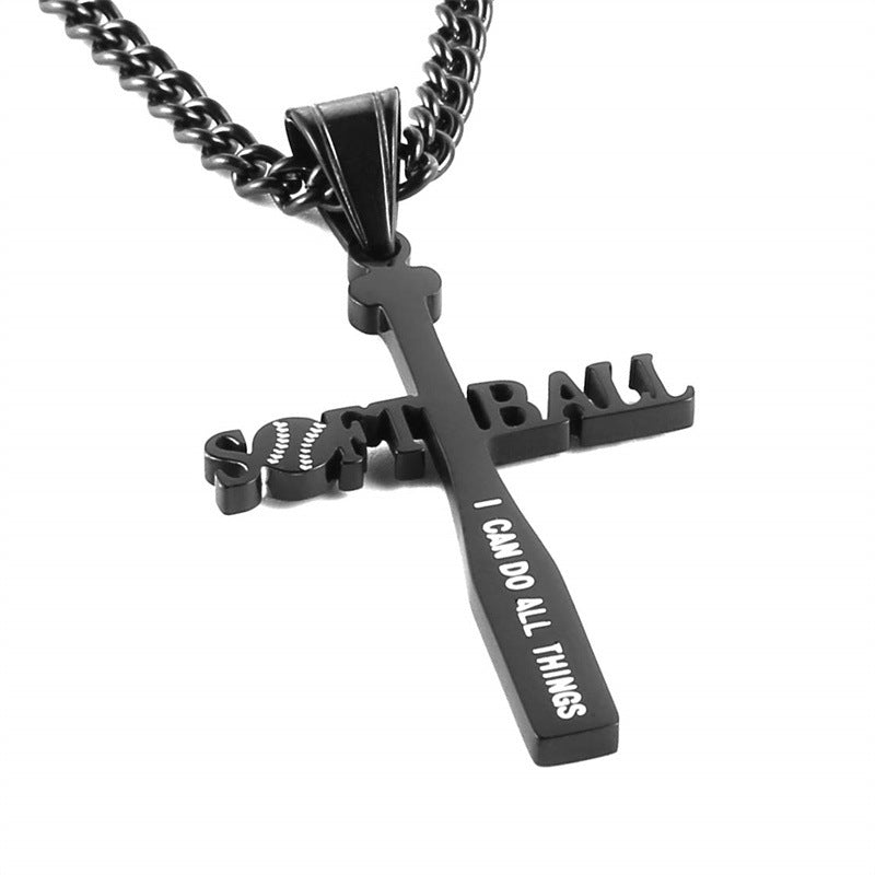 Gempoetry | Baseball cross pendant, men's and women's accessories, side chain, stainless steel hollow necklace