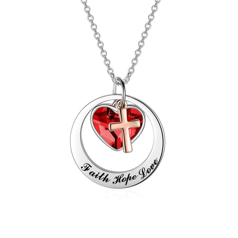 Gempoetry | Heart shaped crystal "Faith Hope Love" stainless steel cross pendant necklace