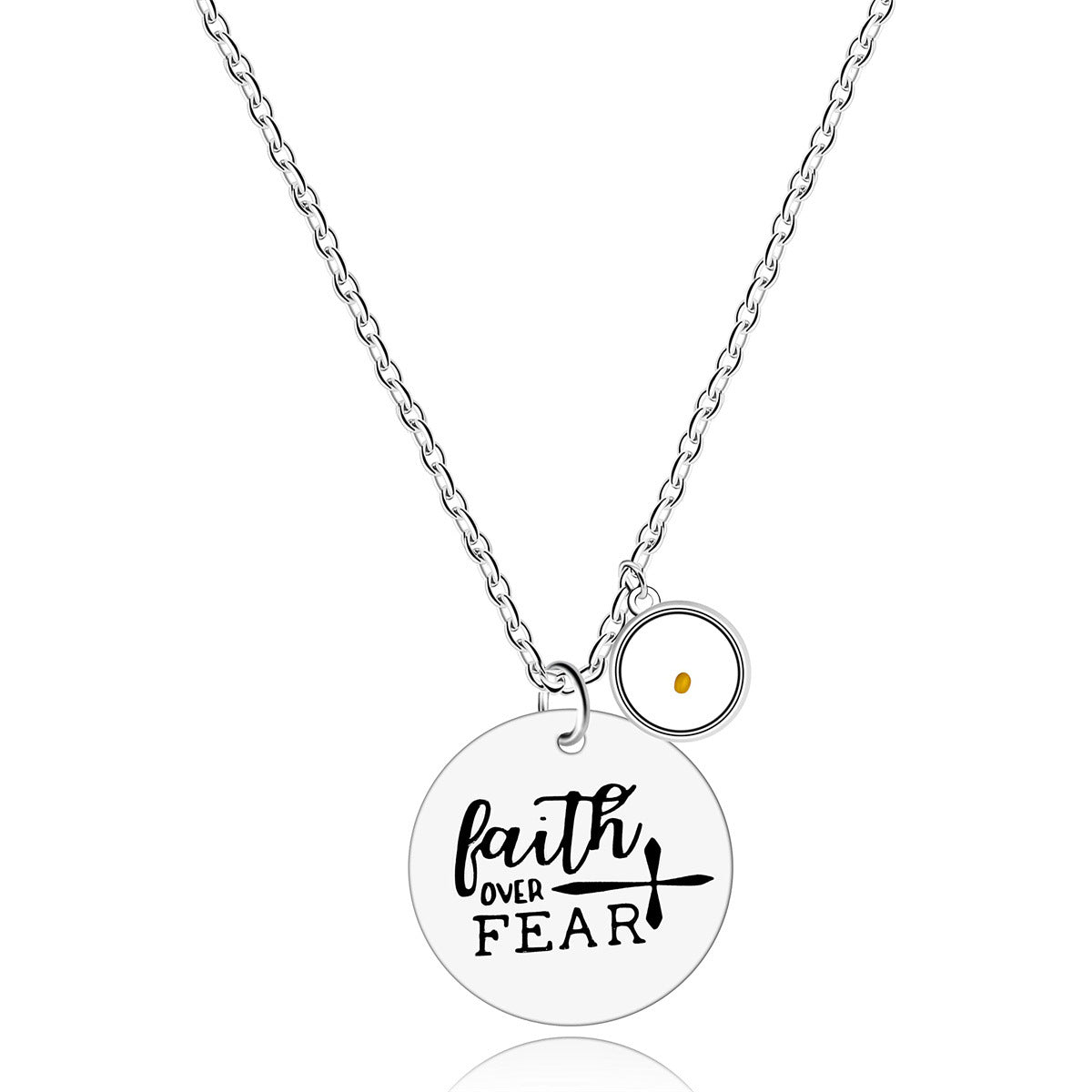 Gempoetry | Stainless steel faith overcomes fear, cross necklace, mustard seed charm pendant necklace