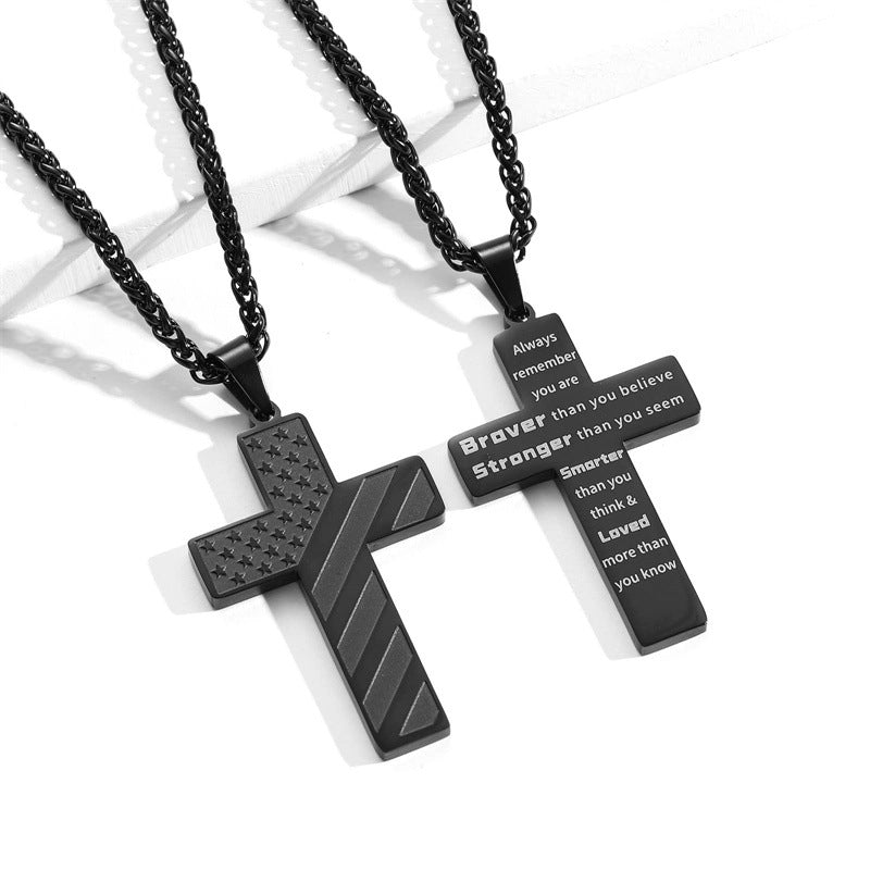 Gempoetry | Cross flag necklace with high-end letters, hip-hop titanium steel American necklace in stock