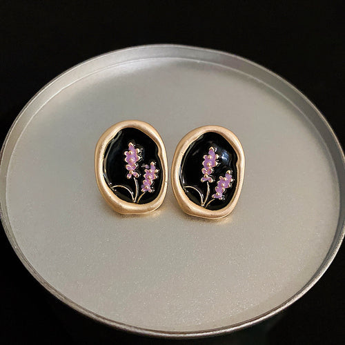 Gempoetry | Hepburn style retro black drop glazed purple lavender flower earrings, vintage painted vintage new explosive earrings, light luxury high-end temperament earrings