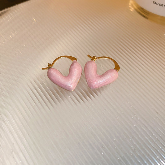 Gempoetry | Oil painting pink heart-shaped drop glaze ear clip with high-end feel, women's minimalist earrings, new earrings