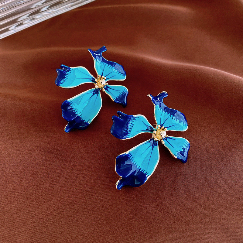 Gempoetry | Medieval enamel drip glaze flower water mist iris blue earrings French retro exaggerated earrings light luxury socialite temperament big brand cold style earrings for women