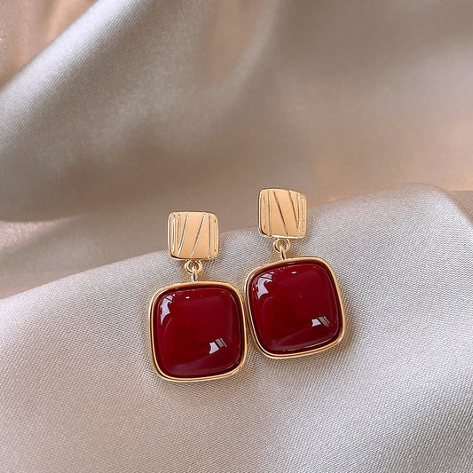 Gempoetry | Vintage Encore Red Wine Red Square Light Luxury Charm Earrings Women's High End French Earrings Small Design Versatile Earrings