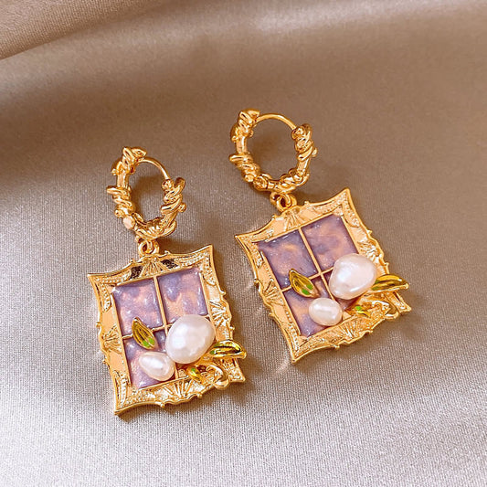 Gempoetry | Medieval Monet Garden Baroque Natural Pearl Earrings Purple Oil Painting Style Frame Earrings Women's Light Luxury High End Unique Earrings