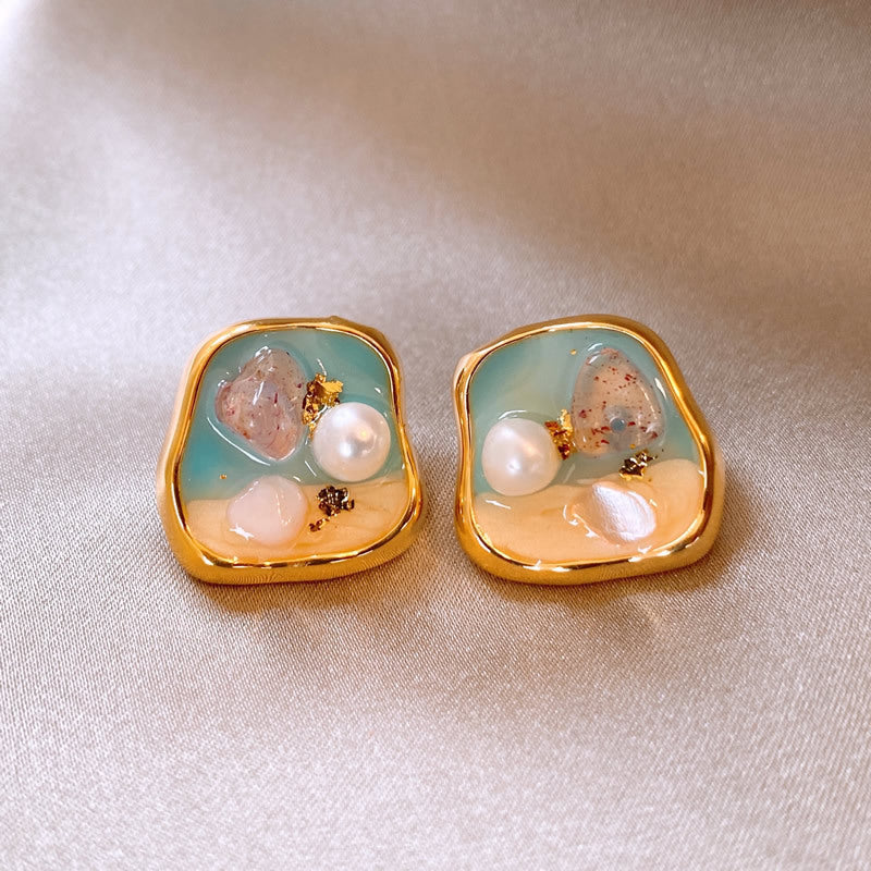 Gempoetry | Middle aged oil painting new freshwater pearl pure silver earrings Monet garden style earrings