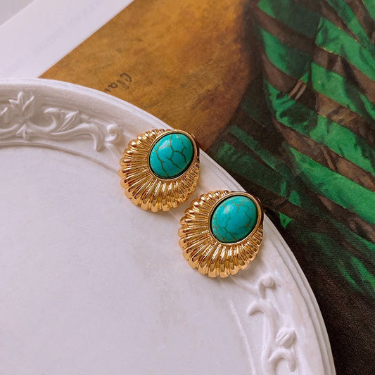 Gempoetry |Vintage silver needle turquoise oval peacock tail earrings with vintage ethnic style, versatile and high-end earrings for women