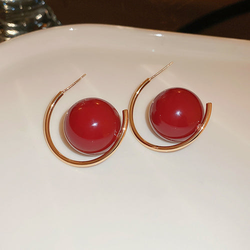 Gempoetry | Temperament Hong Kong style Anchorage red pearl earrings, new explosive style, exaggerated and unique, light luxury ear hanging