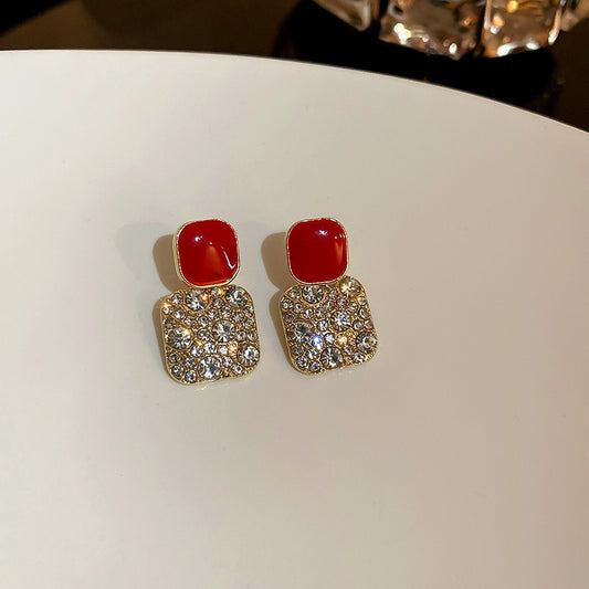 Gempoetry | Water diamond pearl earrings with a light luxury and high-end feel, red drop glazed earrings, new popular women's trendy and fashionable earrings