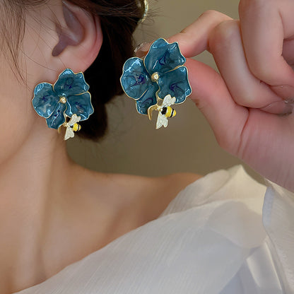 Gempoetry | Vintage silver needle painted bee flower earrings with Korean design, high-end and exaggerated earrings, new trendy earrings for women