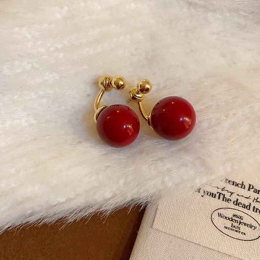 Gempoetry | Silver Needle Ankela Red Pearl Earrings, Hong Kong style Retro Earrings, Small and Luxurious, High end Earrings