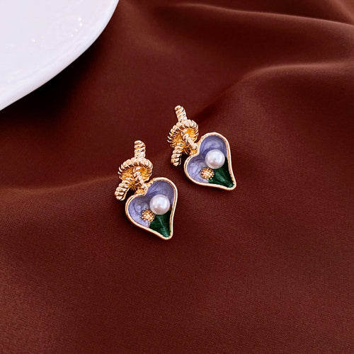 Gempoetry | Retro Drip Oil Monet Lavender Garden Love Imitation Pearl Knot Silver Needle Earrings French Fashion Niche Temperament High End Earrings for Women