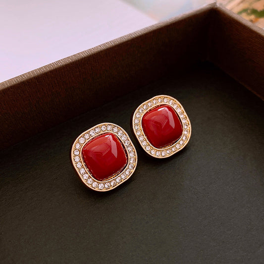 Gempoetry | Ankela red vintage silver needle earrings, niche, light luxury, diamond studded square earrings, vintage, high-end and elegant decoration