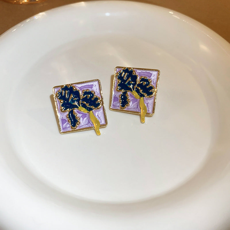 Gempoetry | Vintage enamel purple square drip flower retro court earrings with high-end Hong Kong style temperament earrings for women