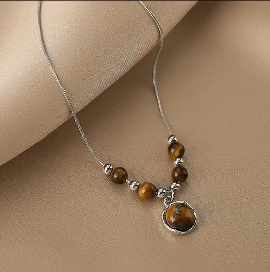 Gempoetry |Leather tiger eye stone necklace, women's retro temperament, sweater chain, light luxury, niche, layered Chinese collarbone chain, hoodie accessories