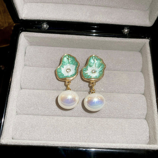 Gempoetry | Vintage Lotus Leaf Pearl Earrings with Enamel Light Luxury and High Quality Charm Earrings and Earrings