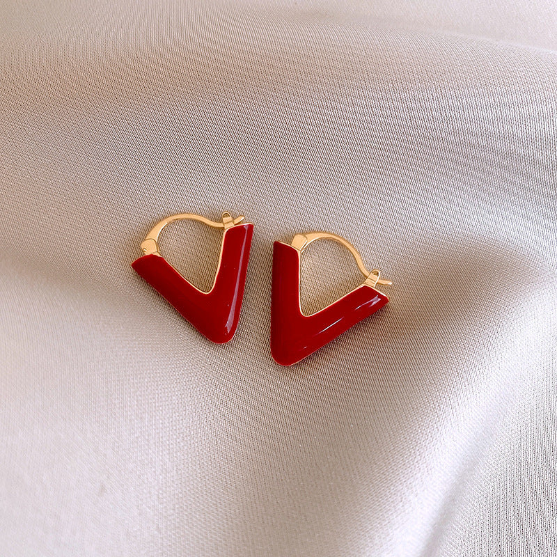 Gempoetry | Ankela red drop glazed V-shaped letter earrings, retro Hong Kong style ear clasps, European and American light luxury temperament, high-end feeling earrings