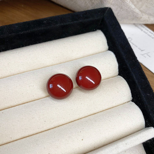 Gempoetry | Silver Needle Ankela Red Round Drop Glazed Bean Earrings, niche fashion temperament earrings, Hong Kong style minimalist retro earrings