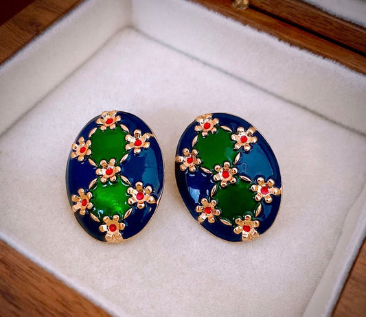 Gempoetry | Vintage silver needle retro court style earrings with red and green earrings, contrasting color design, and early spring new earrings