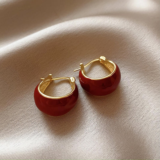 Gempoetry |Red glazed earrings with Hong Kong style retro red autumn and winter temperament, light luxury, high-end feeling, niche and unique Maillard earrings for women