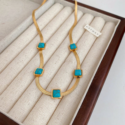 Gempoetry | Titanium steel blue square metal necklace, light luxury, niche design, collarbone chain, simple and cool style, temperament necklace