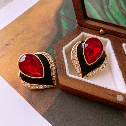 Gempoetry |Vintage French black enamel red zircon earrings, light luxury antique jewelry, original niche design, high-end feel