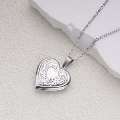 Gempoetry | Stainless steel silver gold women's style can open heart-shaped patterned photo frame box necklace