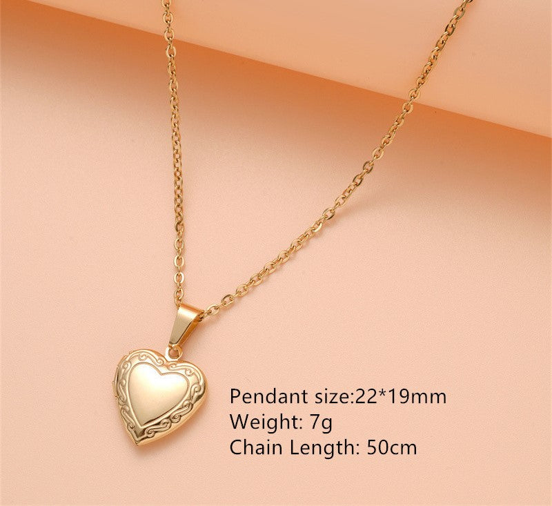 Gempoetry | Stainless steel silver gold women's style can open heart-shaped patterned photo frame box necklace