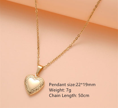 Gempoetry | Stainless steel silver gold women's style can open heart-shaped patterned photo frame box necklace