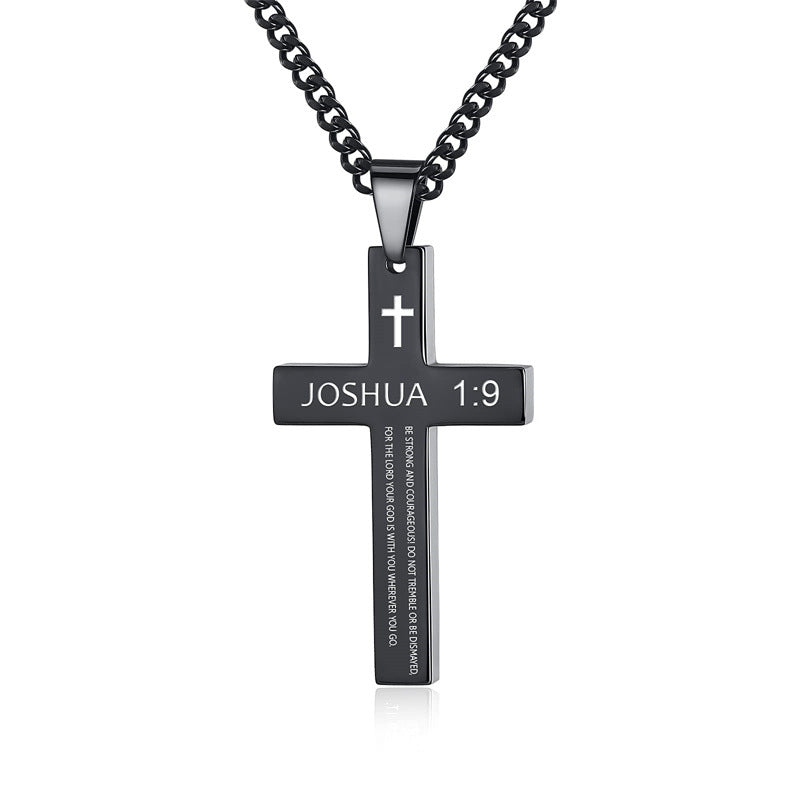 Gempoetry | Cross necklace stainless steel black/steel melon seed buckle engraved necklace