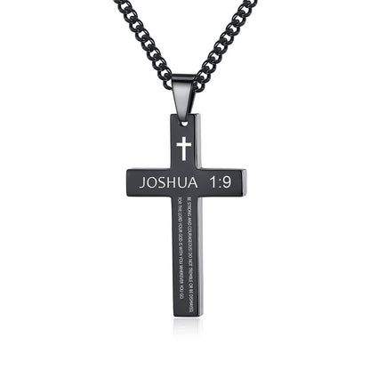 Gempoetry | Cross necklace stainless steel black/steel melon seed buckle engraved necklace