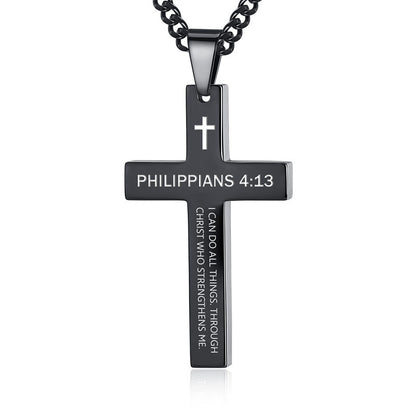 Gempoetry | Cross necklace stainless steel black/steel melon seed buckle engraved necklace