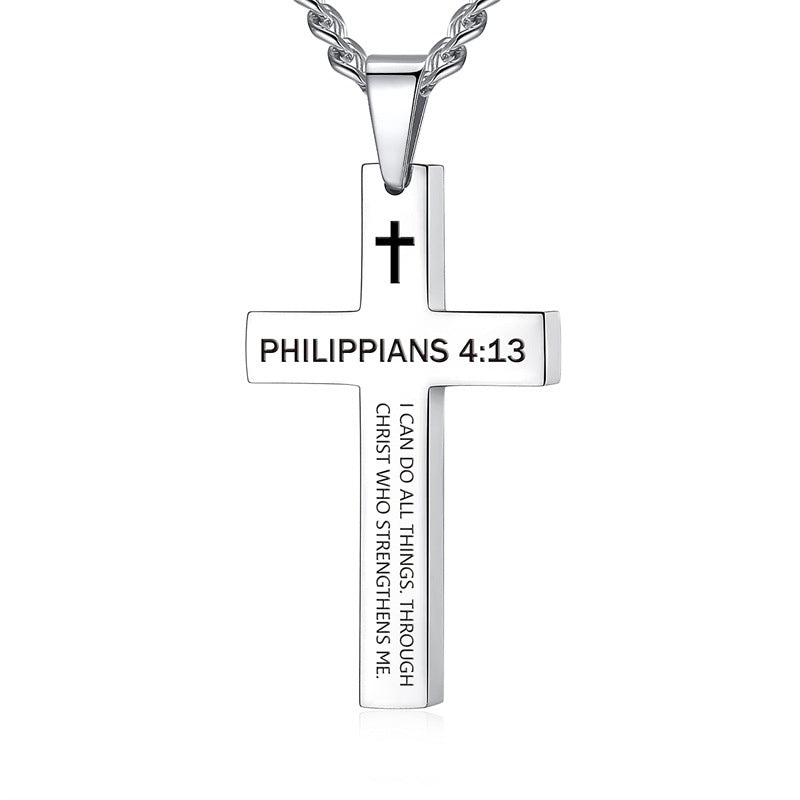 Gempoetry | Cross necklace stainless steel black/steel melon seed buckle engraved necklace