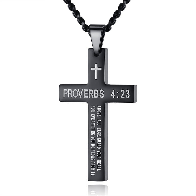 Gempoetry | Cross necklace stainless steel black/steel melon seed buckle engraved necklace