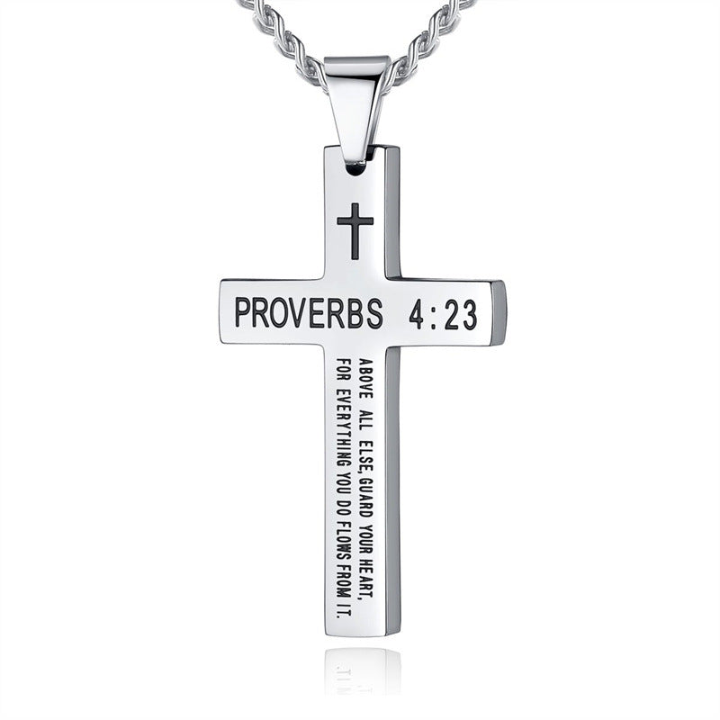 Gempoetry | Cross necklace stainless steel black/steel melon seed buckle engraved necklace