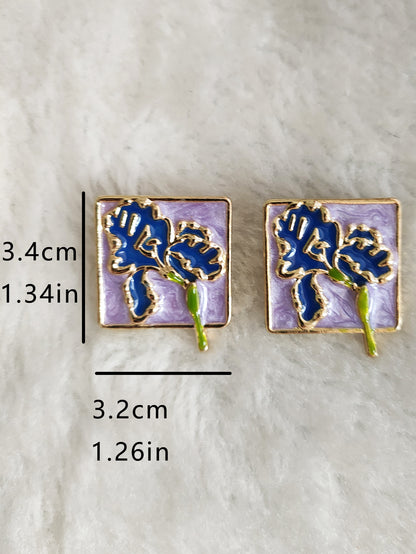 Gempoetry | Vintage enamel purple square drip flower retro court earrings with high-end Hong Kong style temperament earrings for women