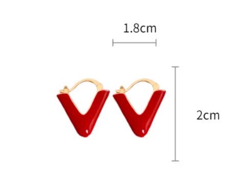 Gempoetry | Ankela red drop glazed V-shaped letter earrings, retro Hong Kong style ear clasps, European and American light luxury temperament, high-end feeling earrings