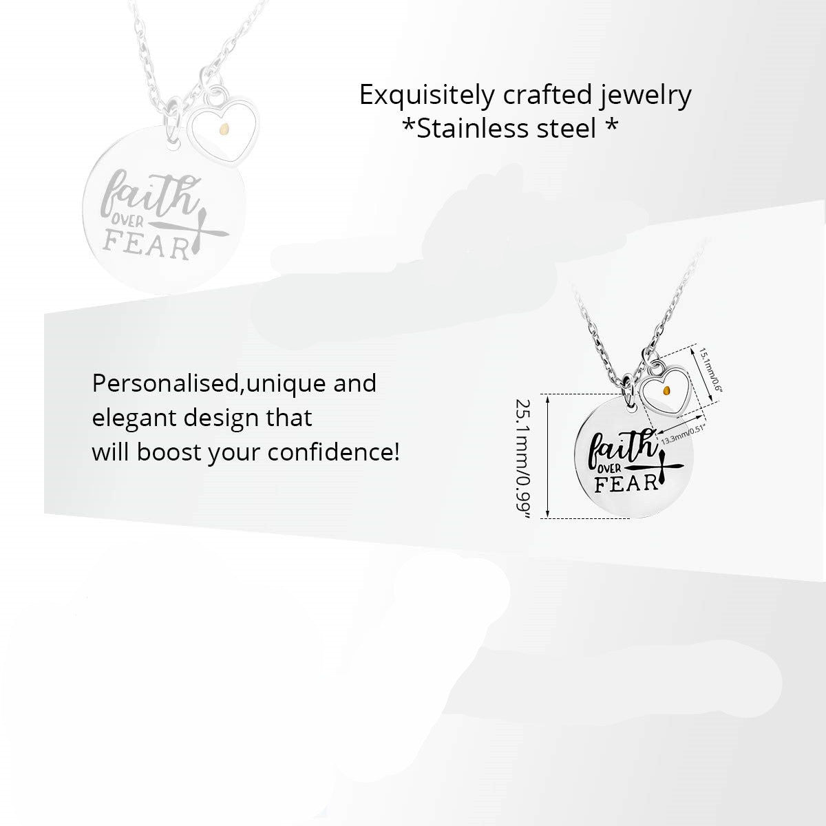 Gempoetry | Stainless steel faith overcomes fear, cross necklace, mustard seed charm pendant necklace