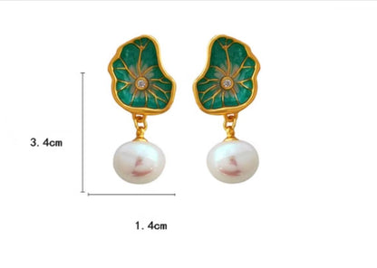 Gempoetry | Vintage Lotus Leaf Pearl Earrings with Enamel Light Luxury and High Quality Charm Earrings and Earrings