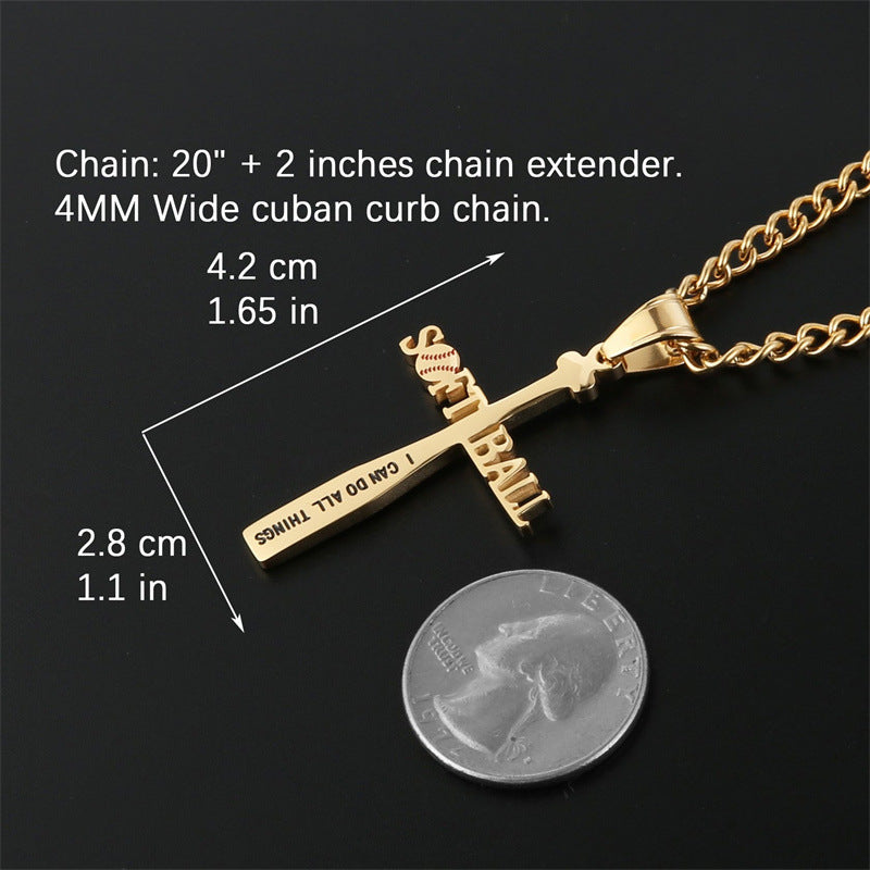 Gempoetry | Baseball cross pendant, men's and women's accessories, side chain, stainless steel hollow necklace