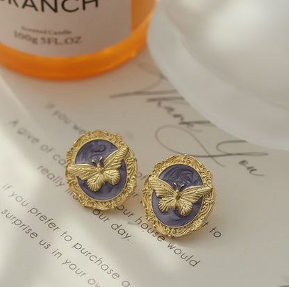 Gempoetry | Oil painting butterfly French retro vintage vintage Western style drop glaze 925 silver needle earrings